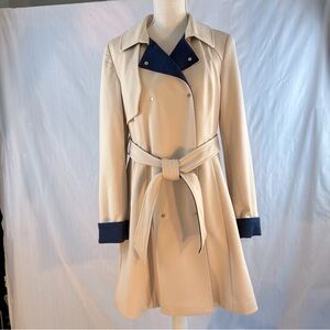 Yumi Outerwear Tan Navy Accents Stretchy Jersey Snap Closure/Belt Trench Coat M